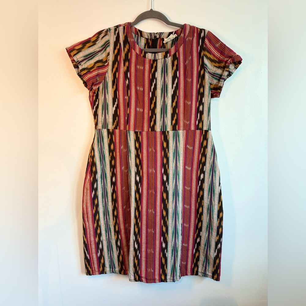 Mata Traders Striped Midi Dress in Red and Blue Ikat Pattern